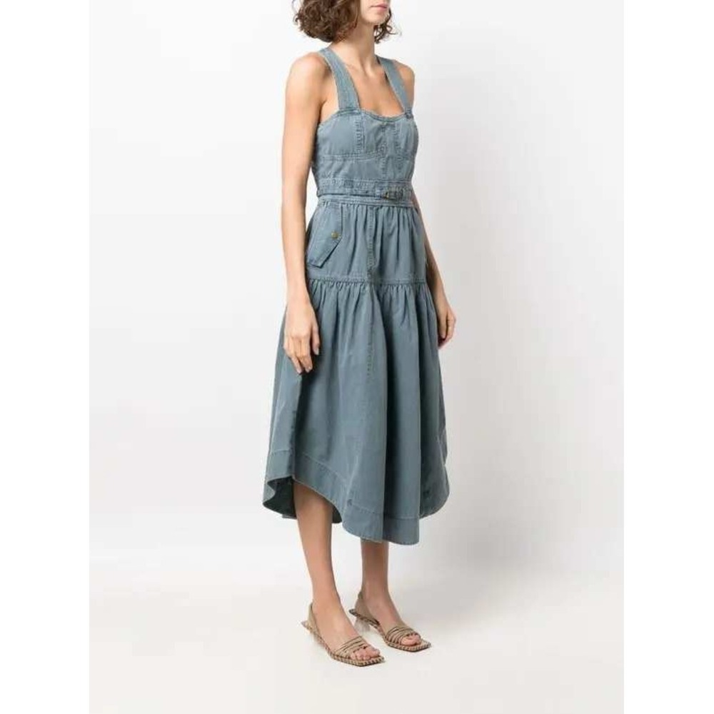 Ulla Johnson Enzo Denim Dress Blue Cotton Tiered Midi Sweetheart Neck Size 4 - Picture 11 of 15